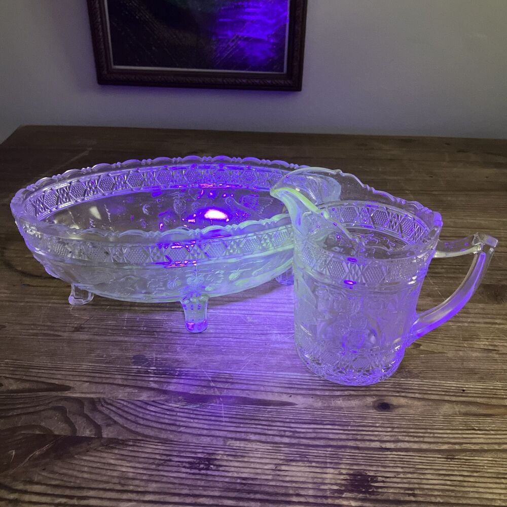 Antique EAPG Indiana Glass Footed Bowl + Creamer Set Birds Strawberries Pattern
